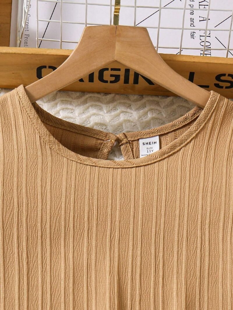 Vestido Caqui Liso Con Manga Farol Para Niña - Imagen 4