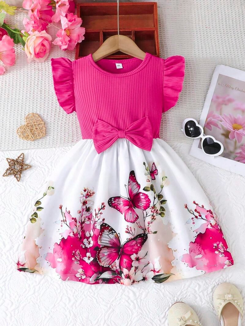 Vestido Rosa Fucsia Con Mariposas Y Lazo Para Niña