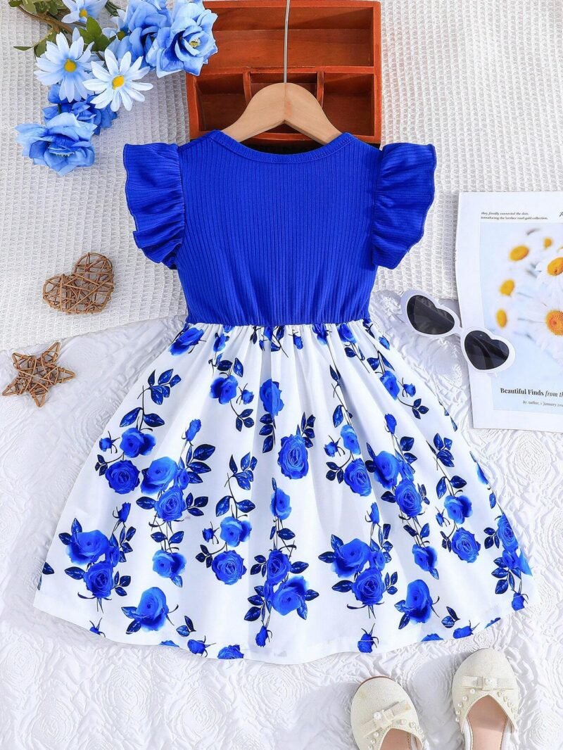 Vestido Azul Con Flores Y Lazo Para Niña - Imagen 2