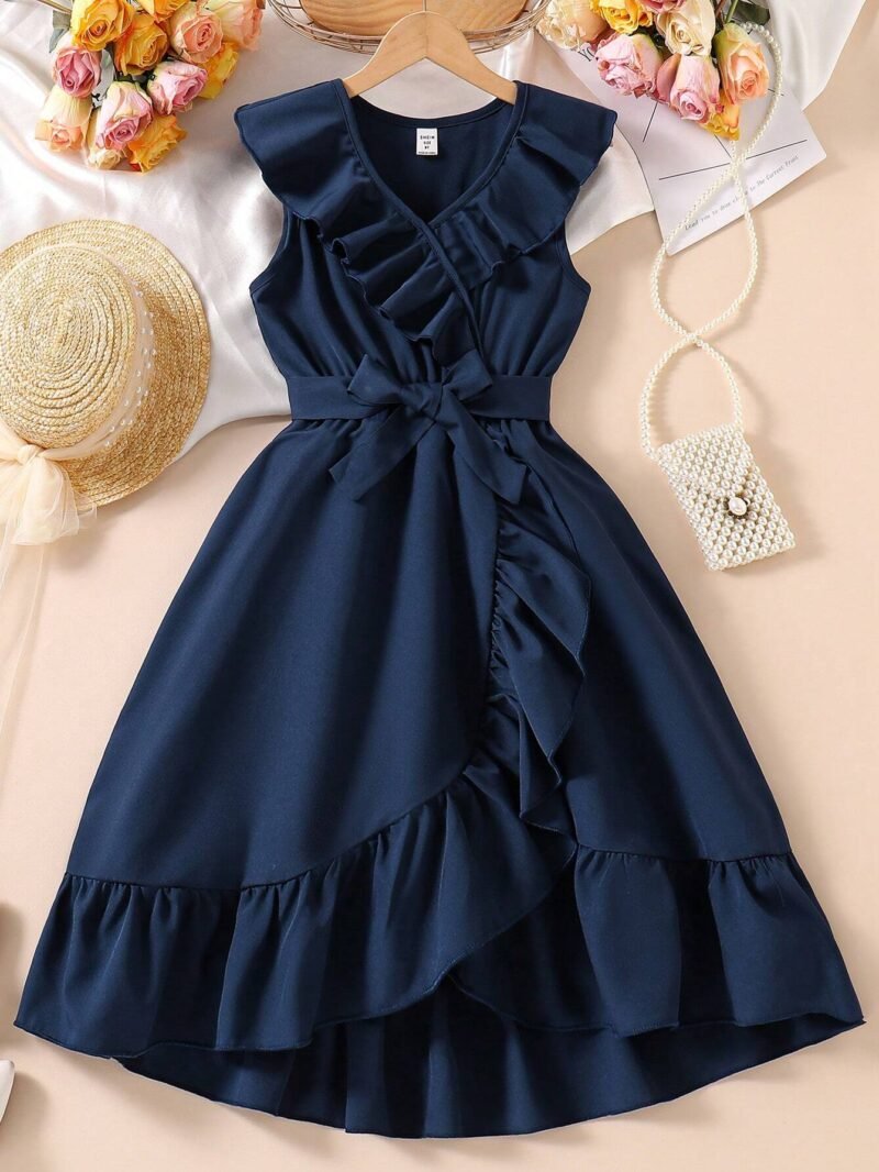 Vestido Azul Real Envolvente Con Volantes Para Niña - Imagen 3