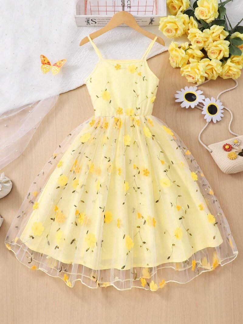 Vestido Amarillo Floral De Tirantes Elegante Para Niña