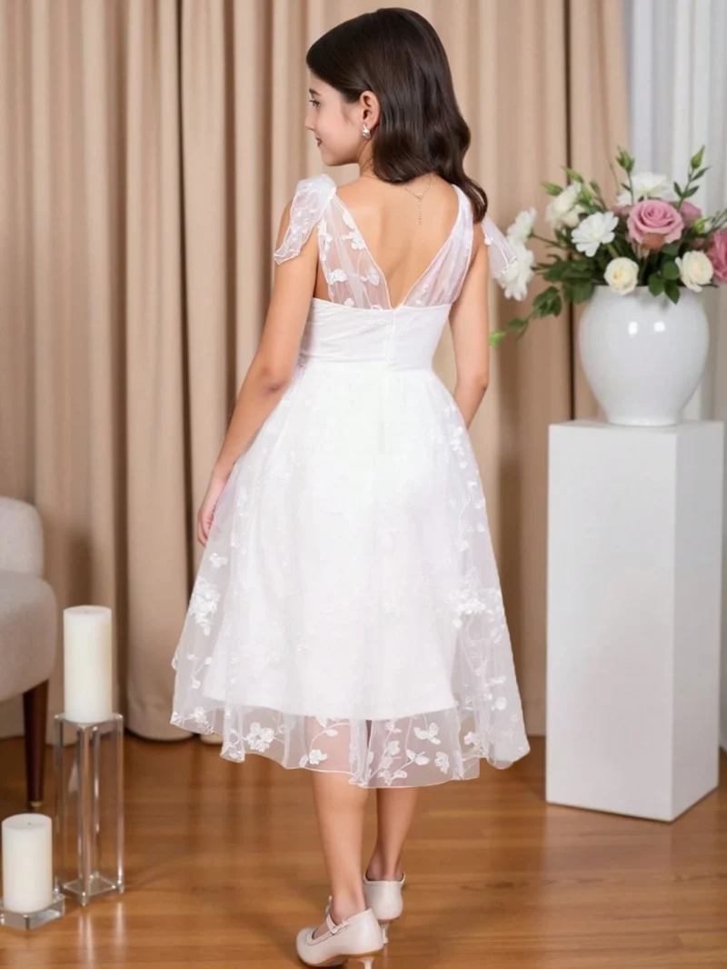 Vestido Blanco Midi Con Tirantes Y Detalles En Encaje Para Niña - Imagen 2