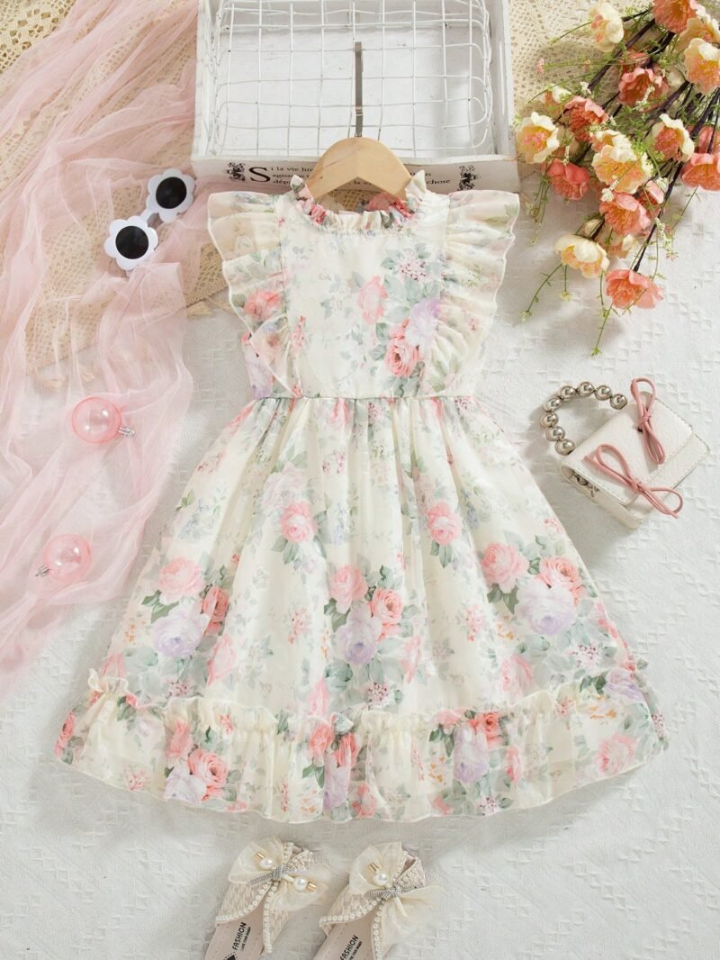 Vestido Floral Rosa Para Niña Con Volantes Románticos - Imagen 2