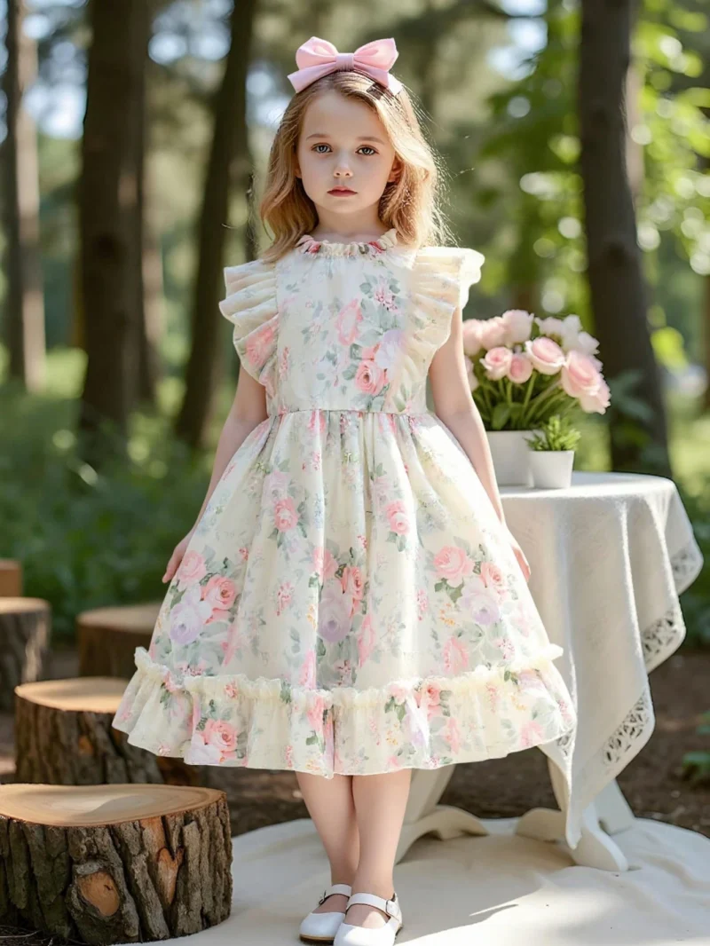 Vestido Floral Rosa Para Niña Con Volantes Románticos