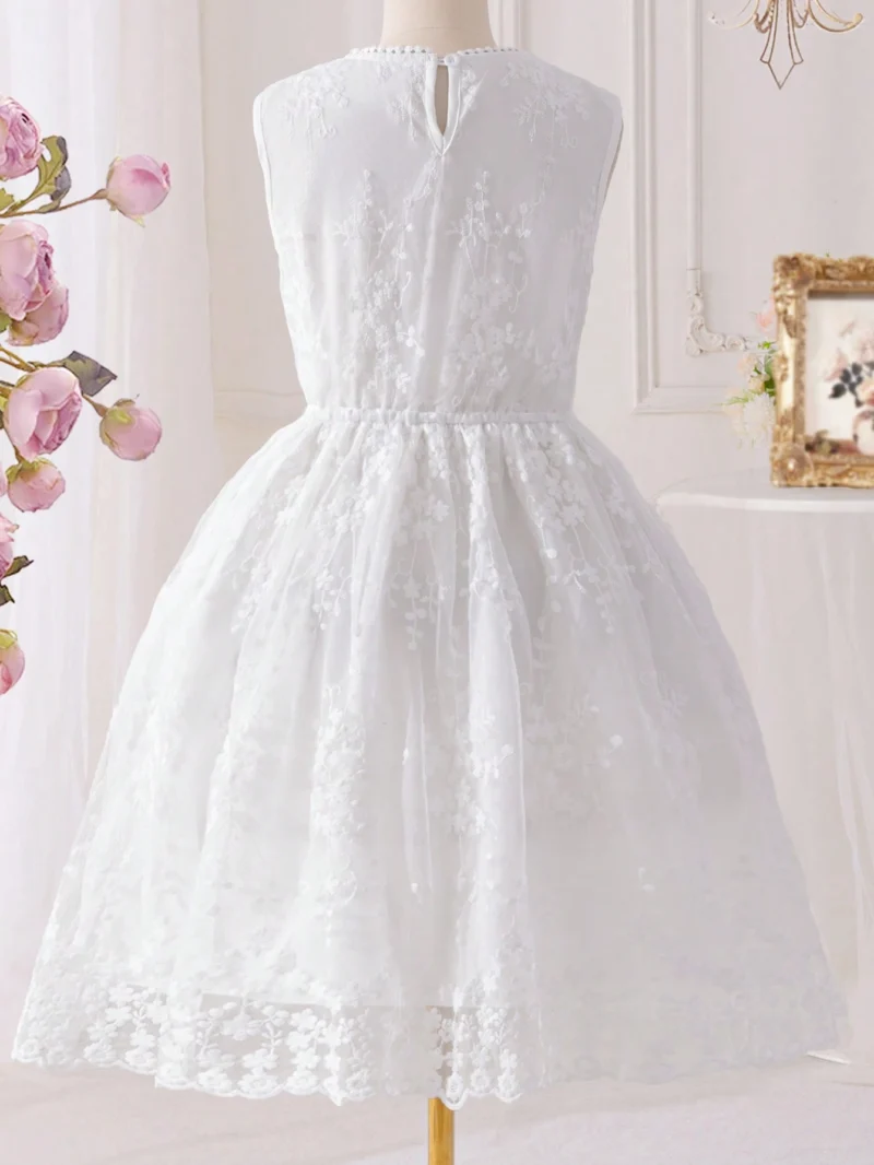 Vestido Blanco Cuello Redodndo Sin Mangas Bordado Para Niña - Imagen 2