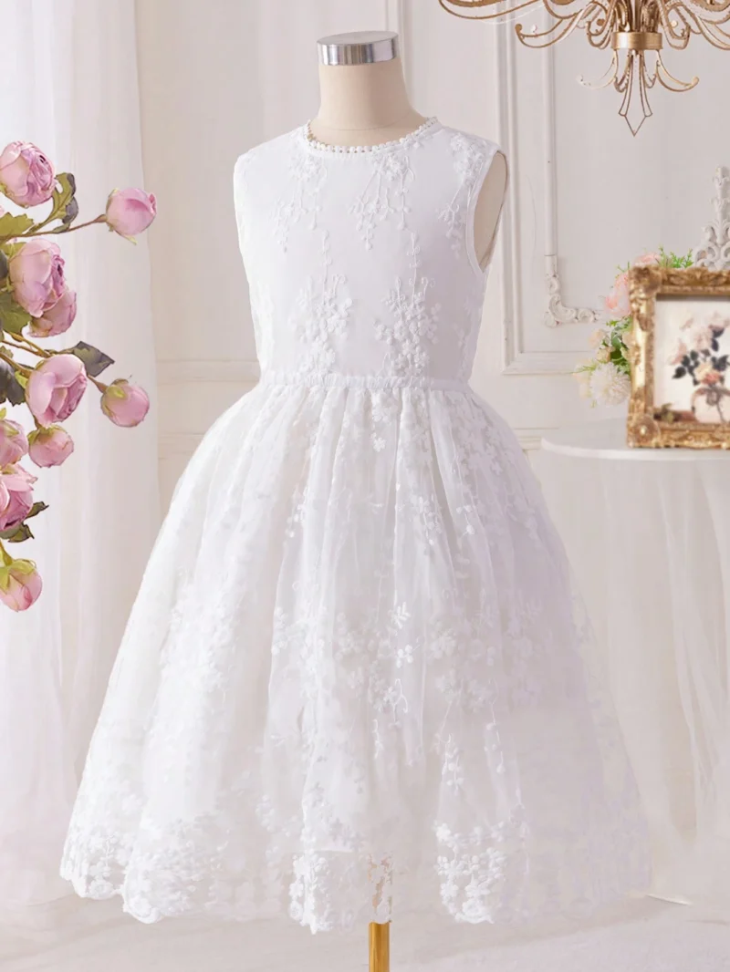 Vestido Blanco Cuello Redodndo Sin Mangas Bordado Para Niña