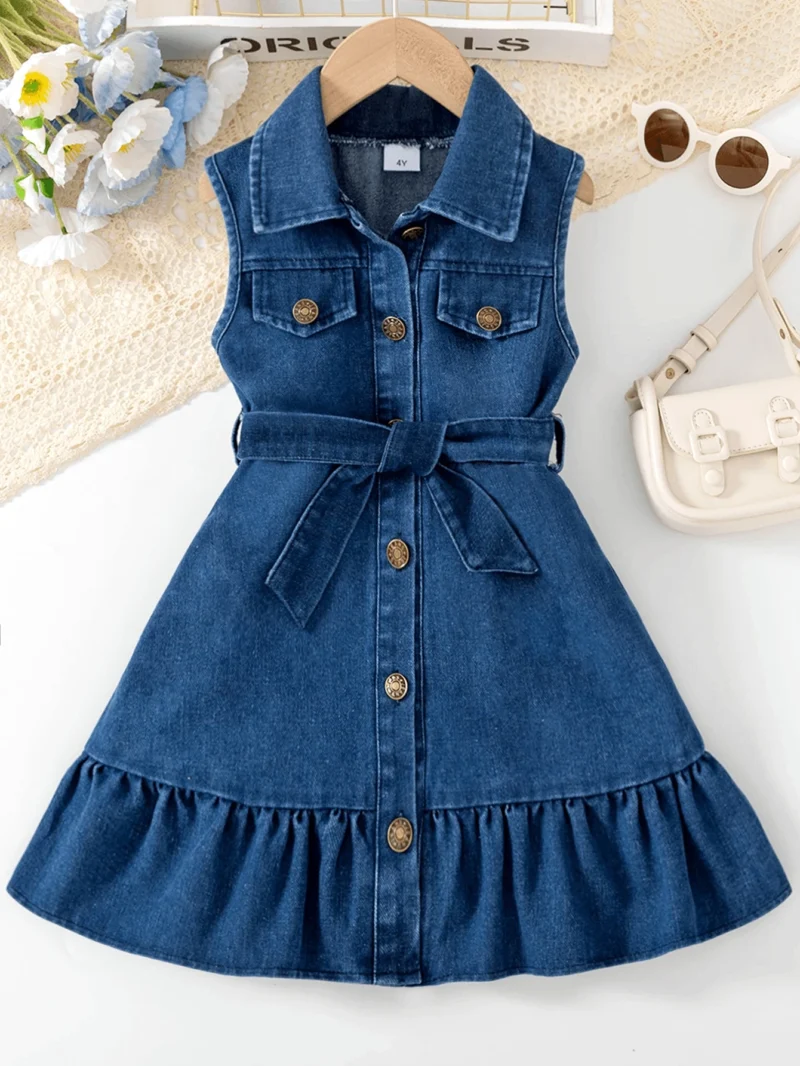 Vestido Camisero De Mezclilla Azul Para Niña Con Volantes - Imagen 2