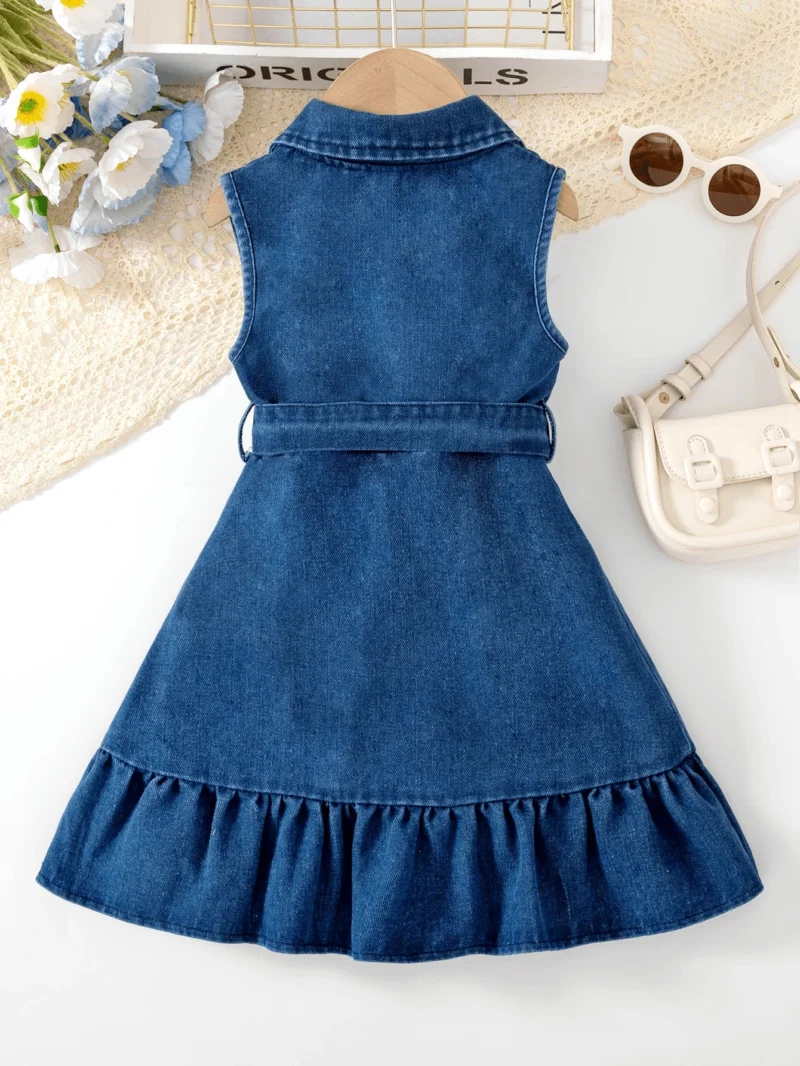 Vestido Camisero De Mezclilla Azul Para Niña Con Volantes - Imagen 3
