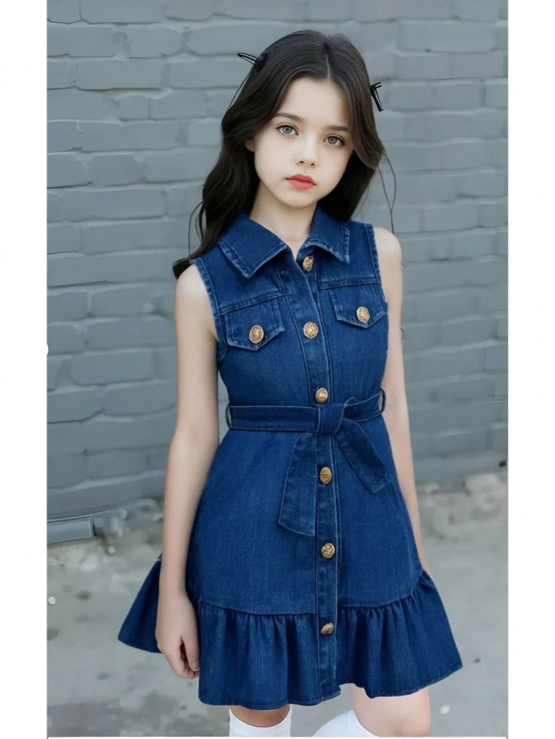 Vestido Camisero De Mezclilla Azul Para Niña Con Volantes