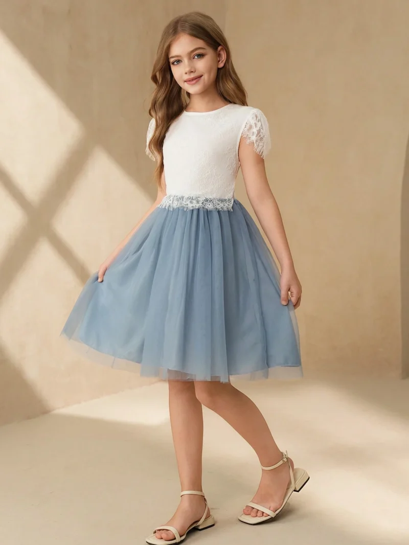 Vestido Azul Con Encaje Para Niña Con Falda De Tul - Imagen 2
