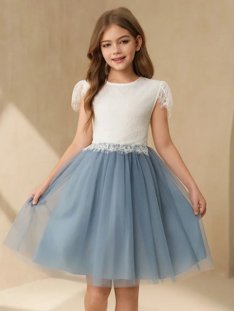 Vestido Azul Con Encaje Para Niña Con Falda De Tul - Imagen 3