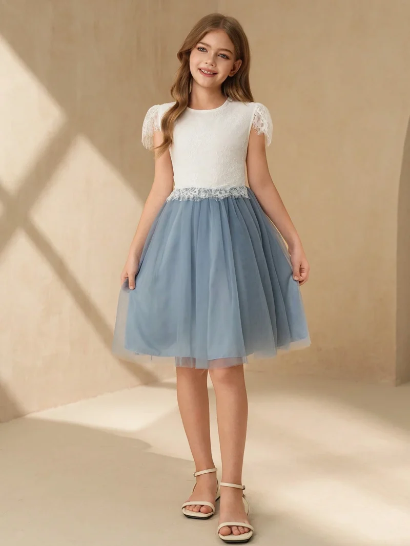Vestido Azul Con Encaje Para Niña Con Falda De Tul
