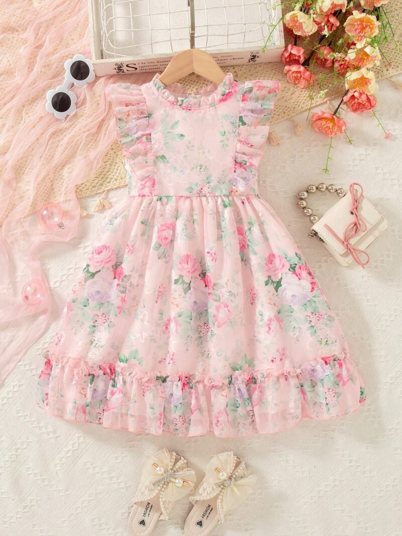 Vestido Rosa Floral Para Niña Con Volantes Encantadores - Imagen 2