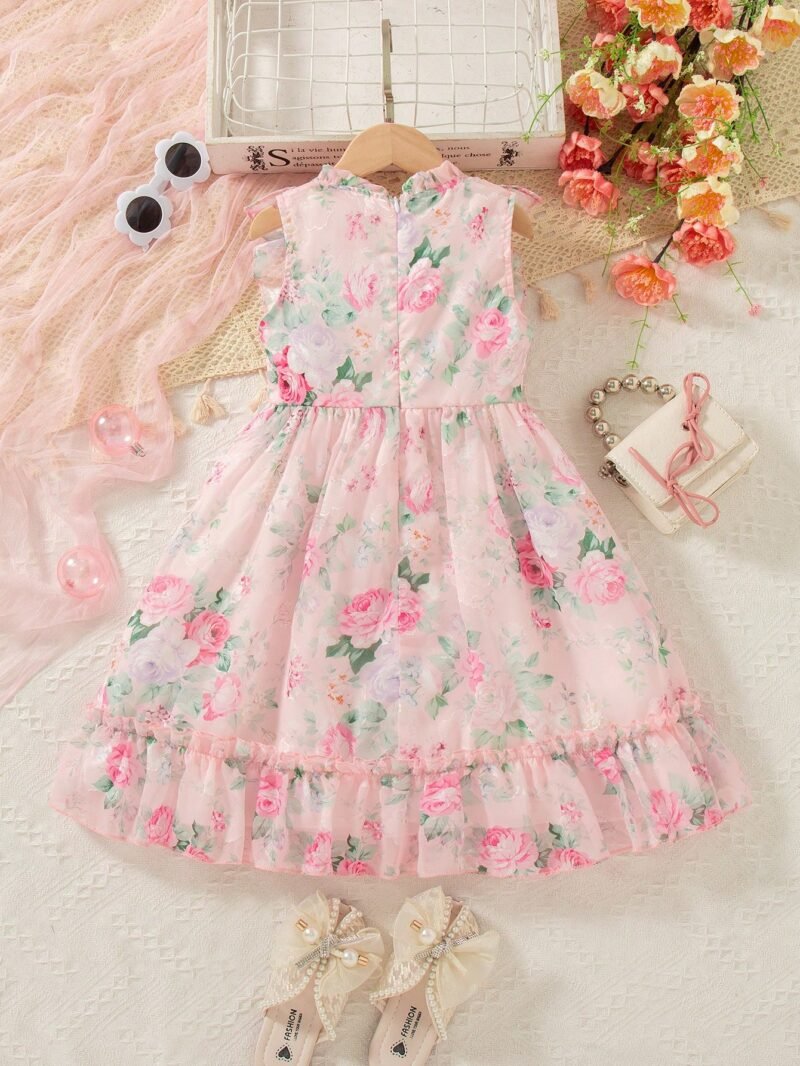 Vestido Rosa Floral Para Niña Con Volantes Encantadores - Imagen 3