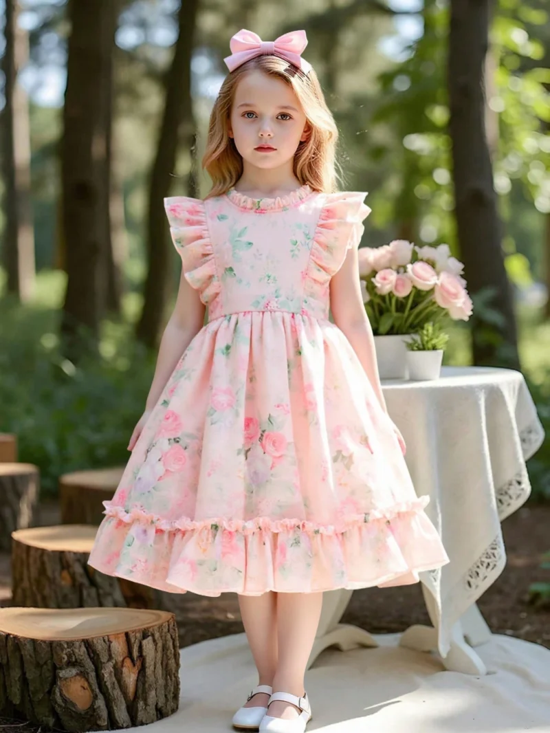 Vestido Rosa Floral Para Niña Con Volantes Encantadores