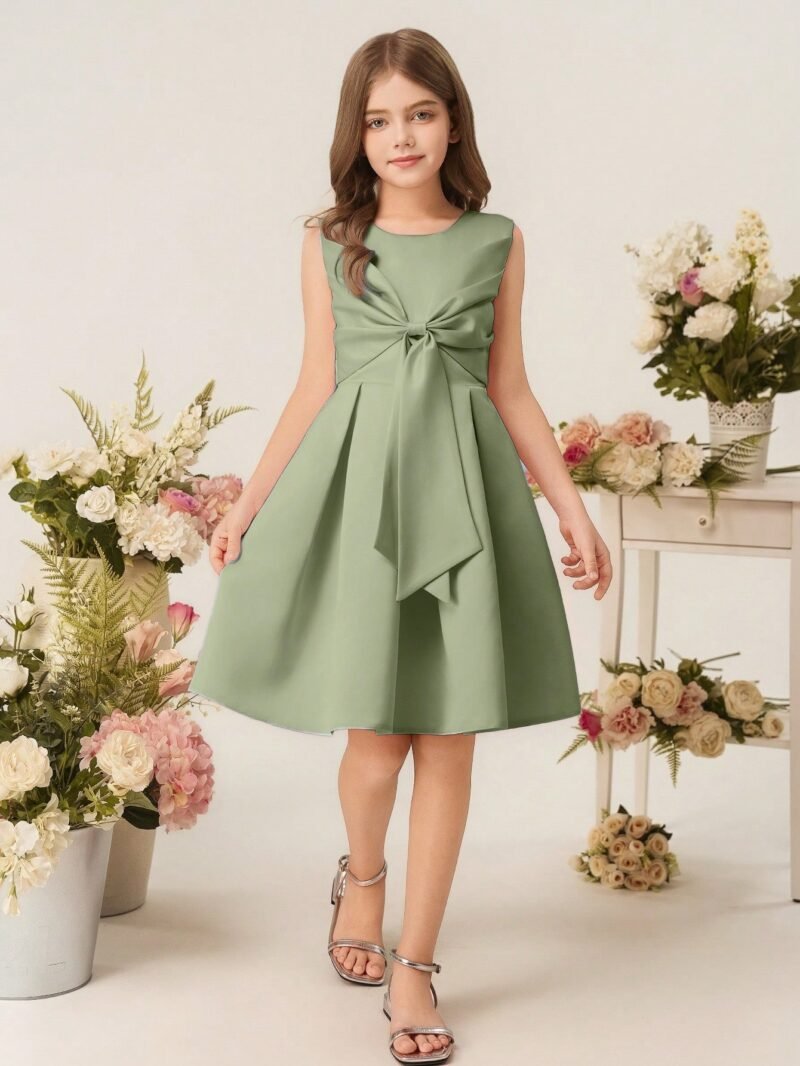 Vestido Elegante Verde Con Lazo Grande Para Niña - Imagen 3