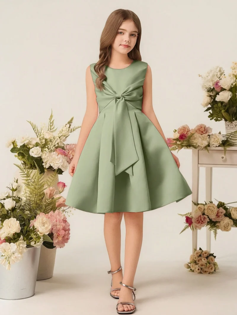Vestido Elegante Verde Con Lazo Grande Para Niña - Imagen 4