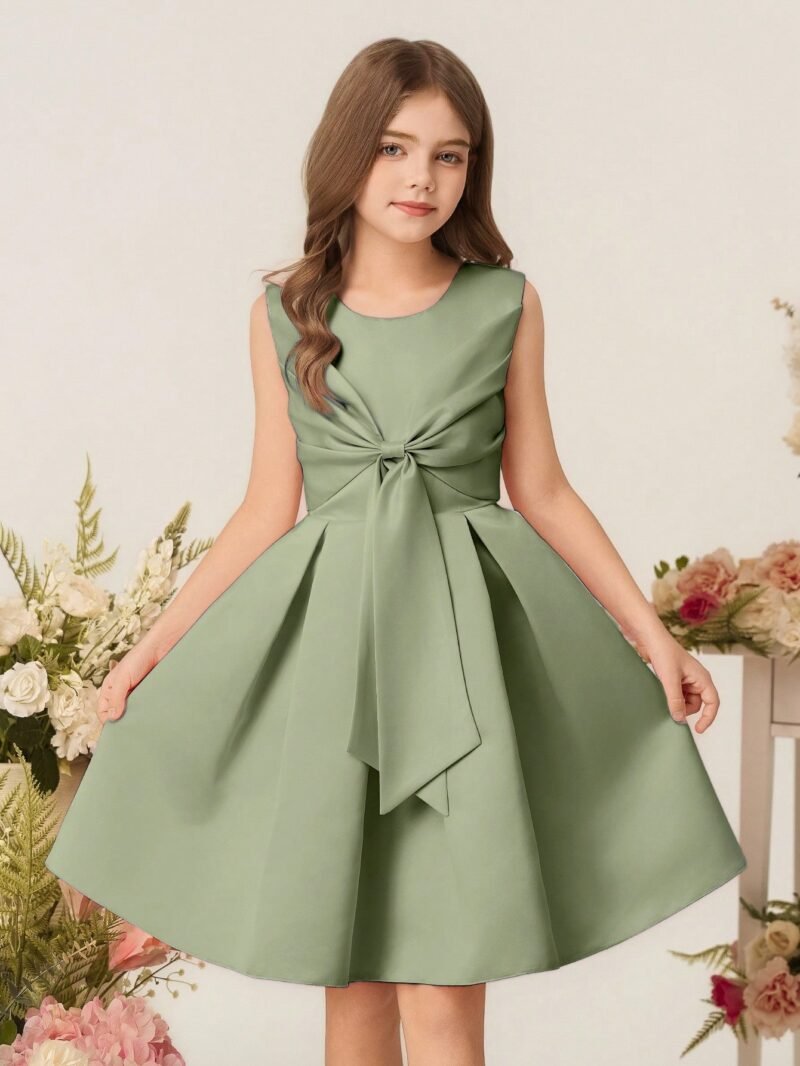 Vestido Elegante Verde Con Lazo Grande Para Niña
