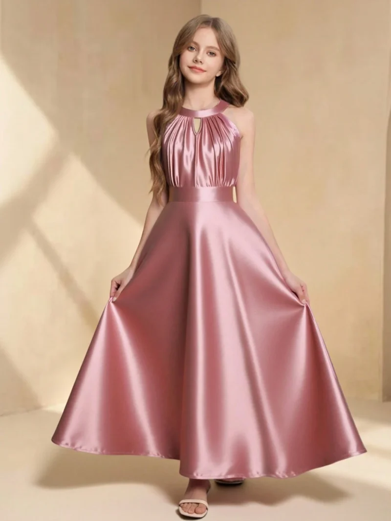Vestido Rosa Coral Largo De Satén Para Niña