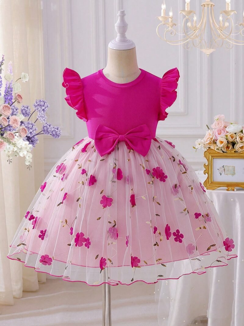 Vestido Rosa Fucsia Con Bordado Floral Para Niña - Imagen 2