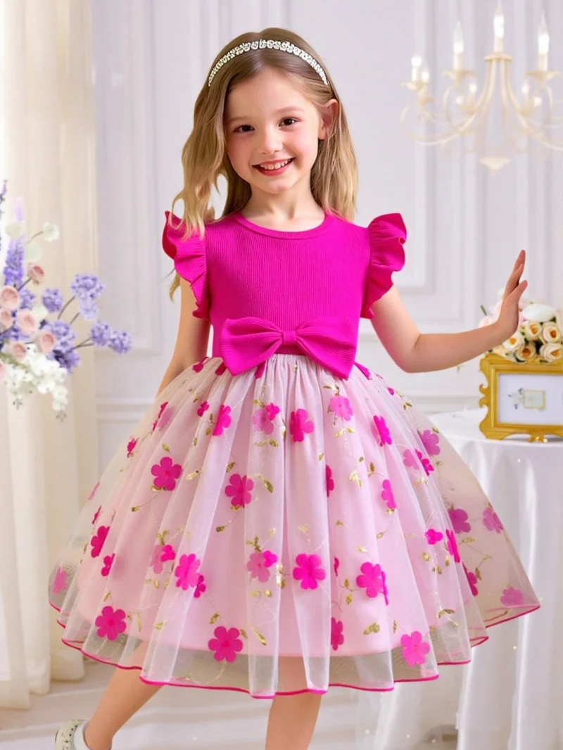 Vestido Rosa Fucsia Con Bordado Floral Para Niña