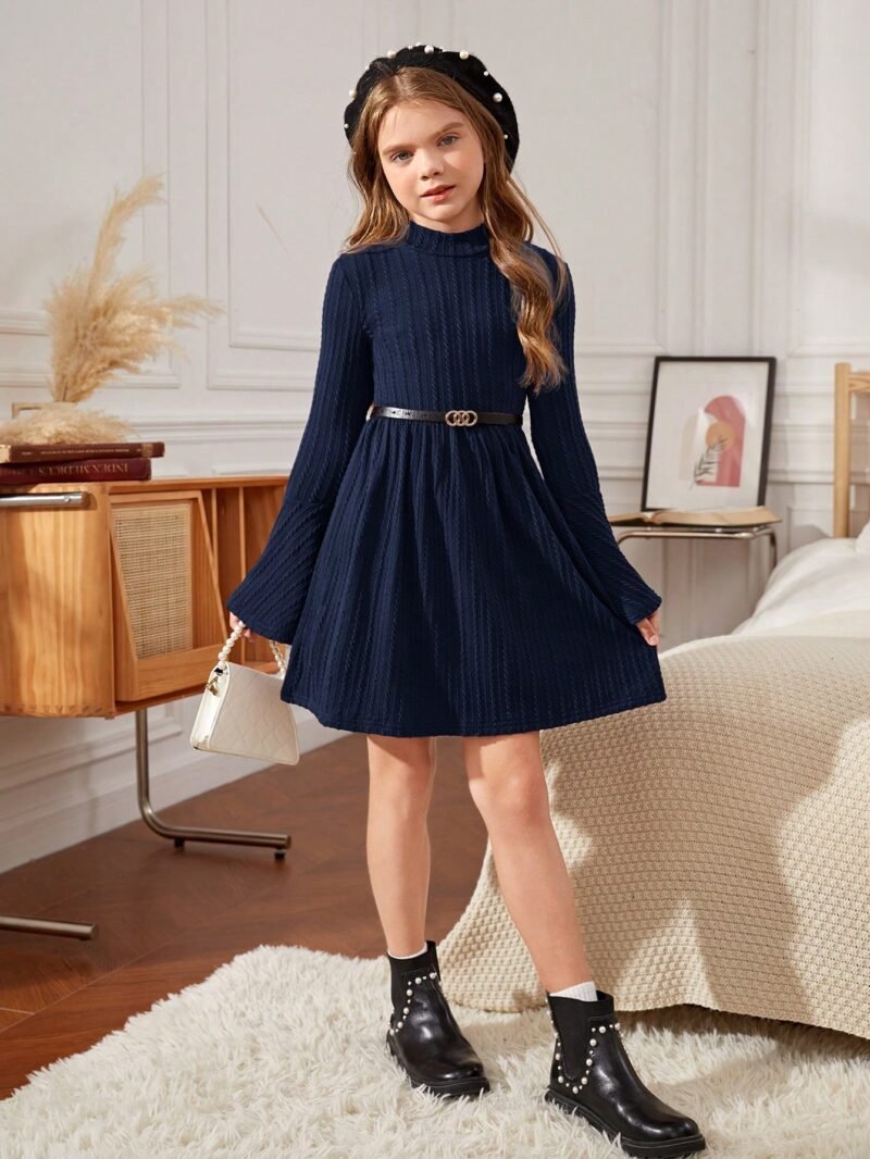 Vestido Tejido Azul Con Manga Acampanada Para Niña - Imagen 3