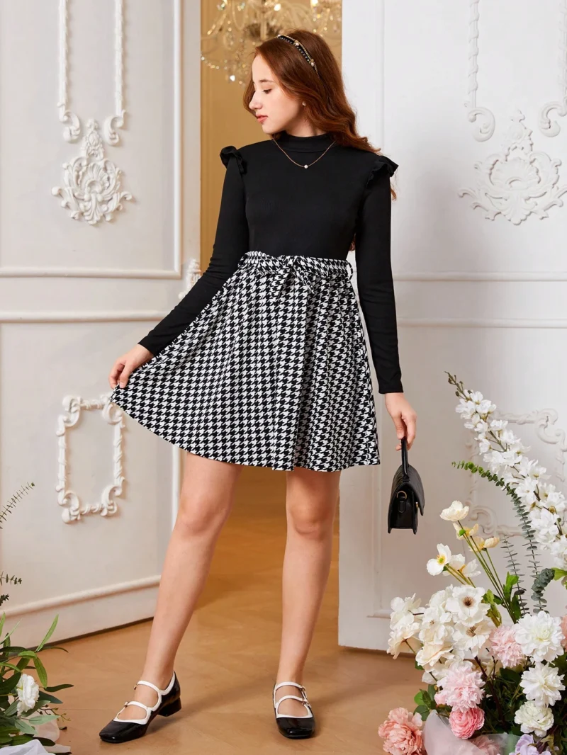Vestido Negro Con Falda Pata De Gallo Para Niña