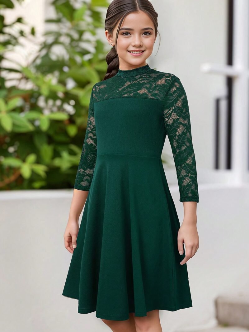 Vestido Verde Con Encaje Elegante Para Niña - Imagen 3