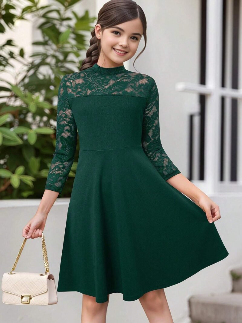 Vestido Verde Con Encaje Elegante Para Niña