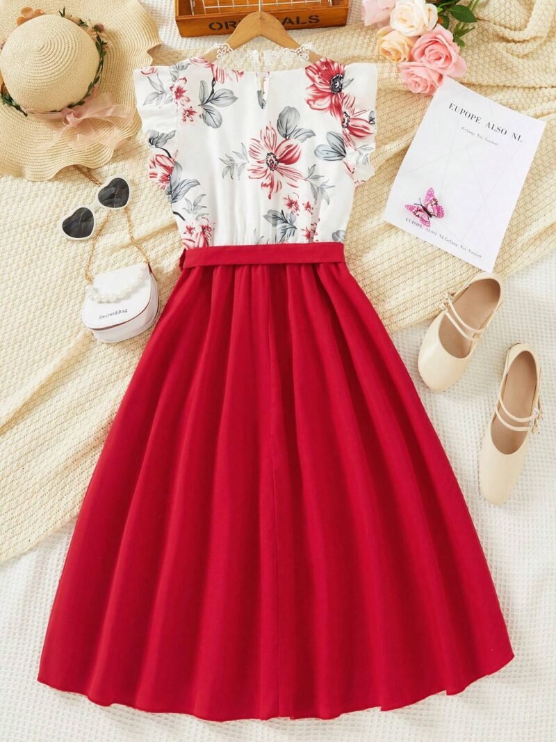 Vestido Floral Con Falda Roja Para Niña - Imagen 2