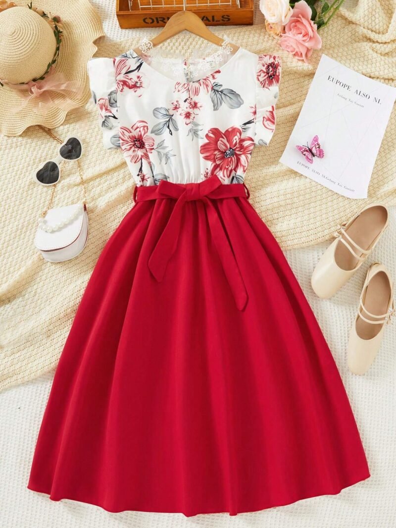 Vestido Floral Con Falda Roja Para Niña