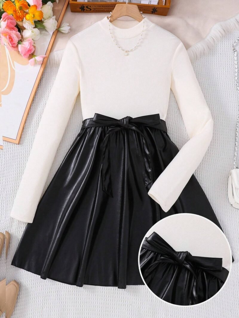 Vestido Elegante Blanco Y Negro Con Lazo Para Niña - Imagen 2