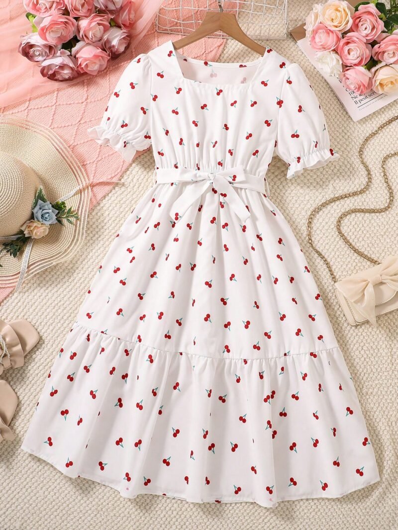 Vestido Blanco Con Estampado De Cerezas Para Niña