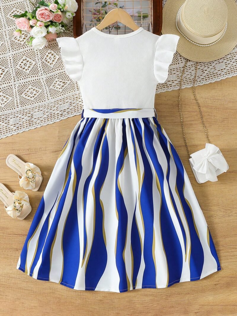 Vestido Blanco Con Volantes Y Rayas Azul Para Niña - Imagen 2