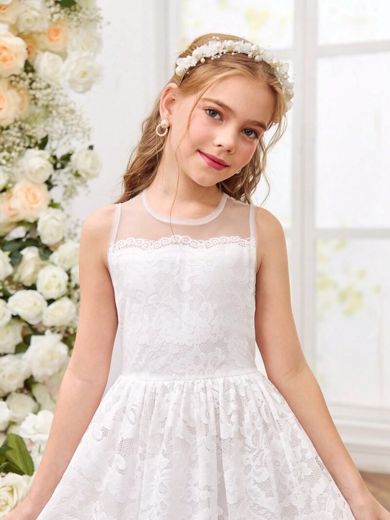 Vestido Blanco De Encaje Elegante Para Niña - Imagen 4