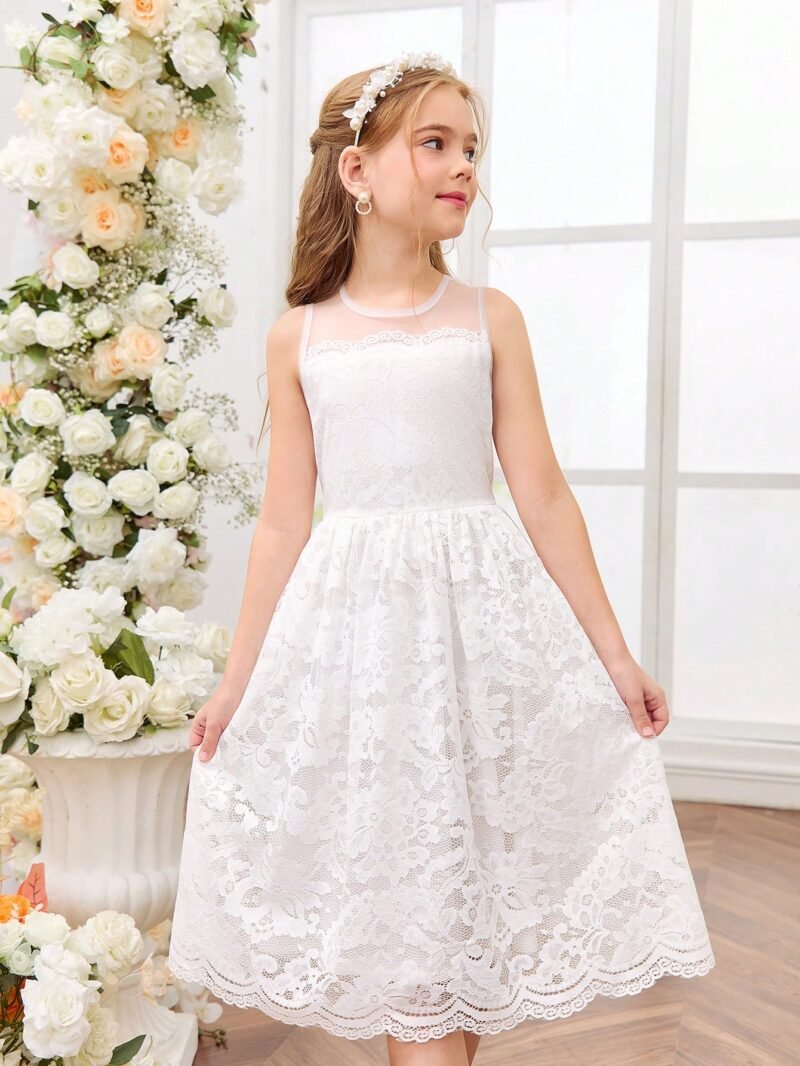Vestido Blanco De Encaje Elegante Para Niña