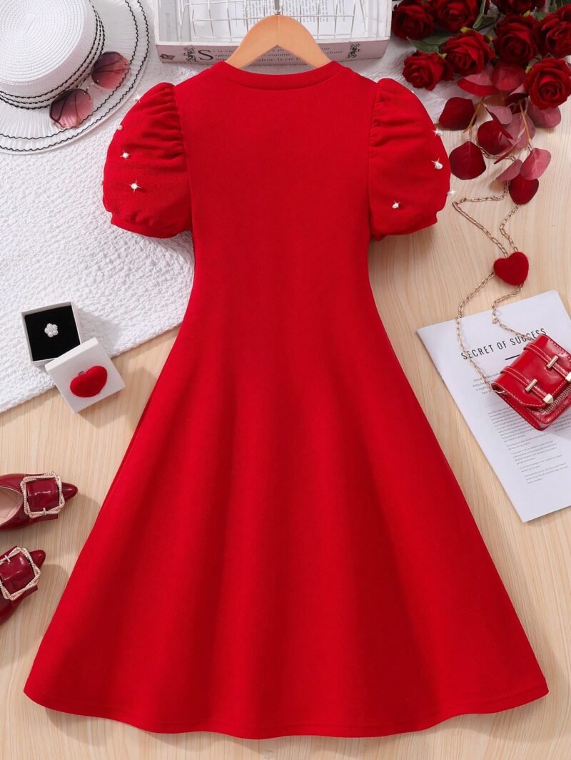 Vestido Rojo Con Perlas Y Manga Farol Para Niña - Imagen 2