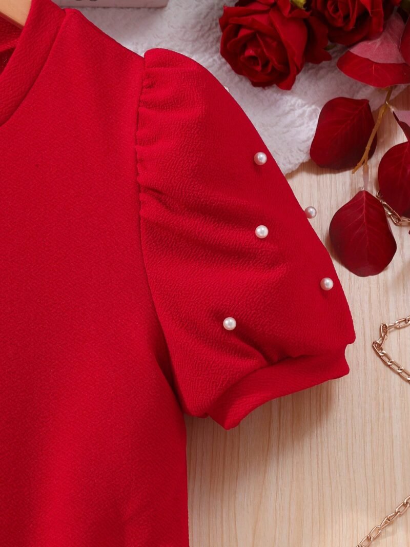 Vestido Rojo Con Perlas Y Manga Farol Para Niña - Imagen 3