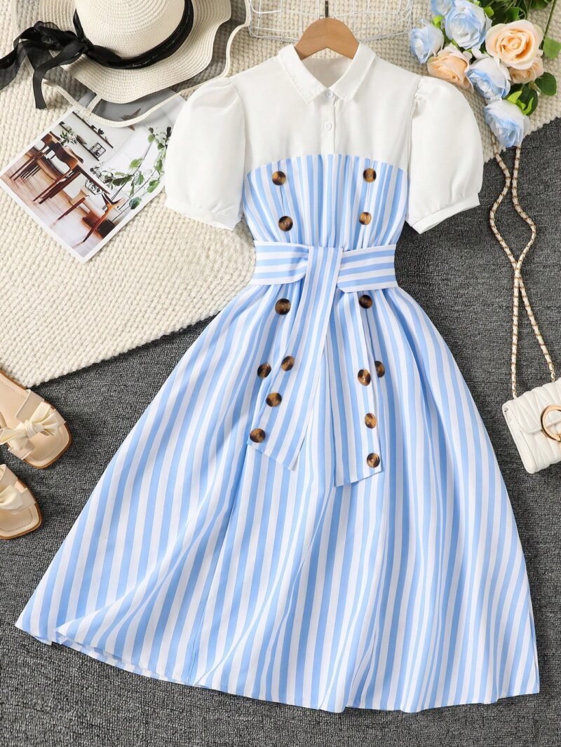 Vestido A Rayas Con Botones Y Cuello Camisero Para Niña