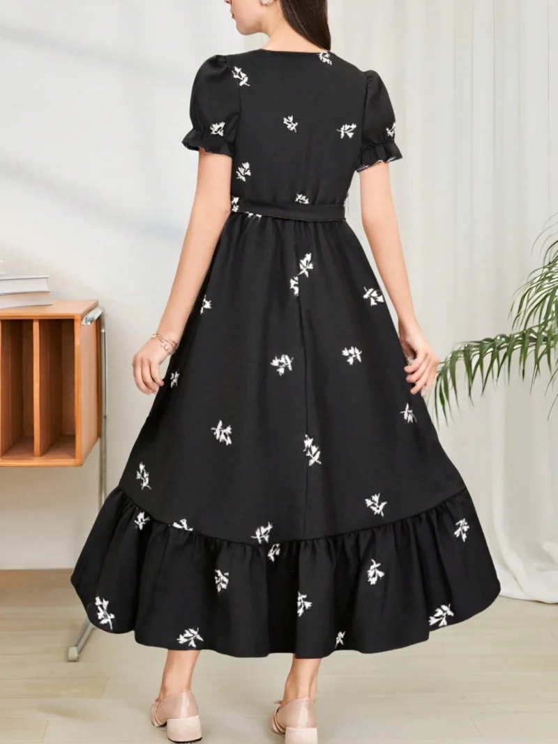Vestido Negro Con Flores Y Manga Farol Para Niña - Imagen 2