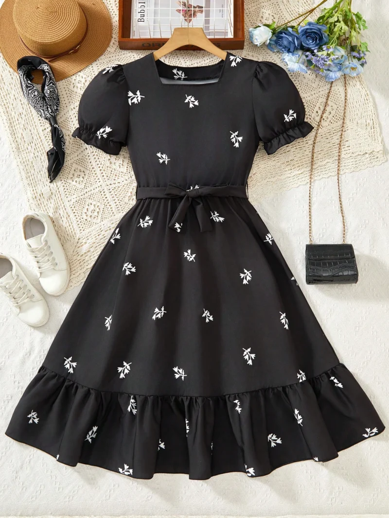 Vestido Negro Con Flores Y Manga Farol Para Niña - Imagen 3
