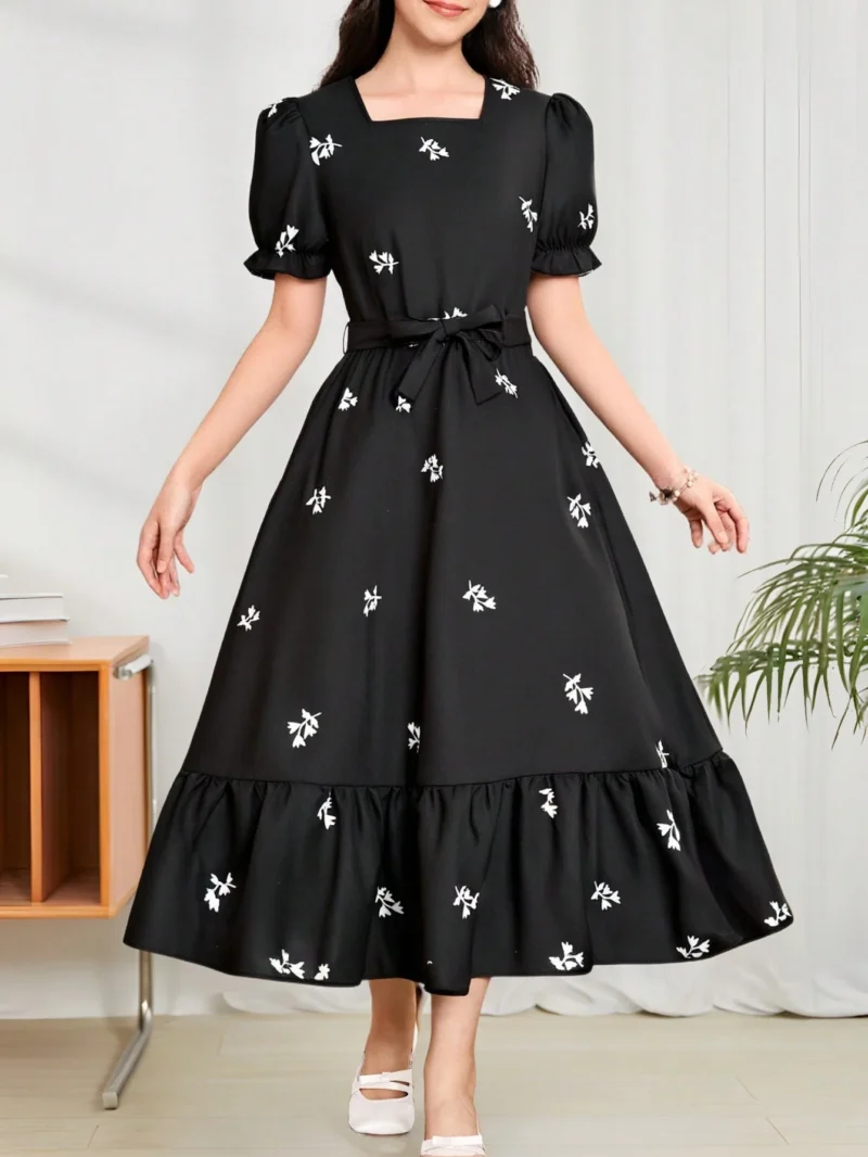 Vestido Negro Con Flores Y Manga Farol Para Niña