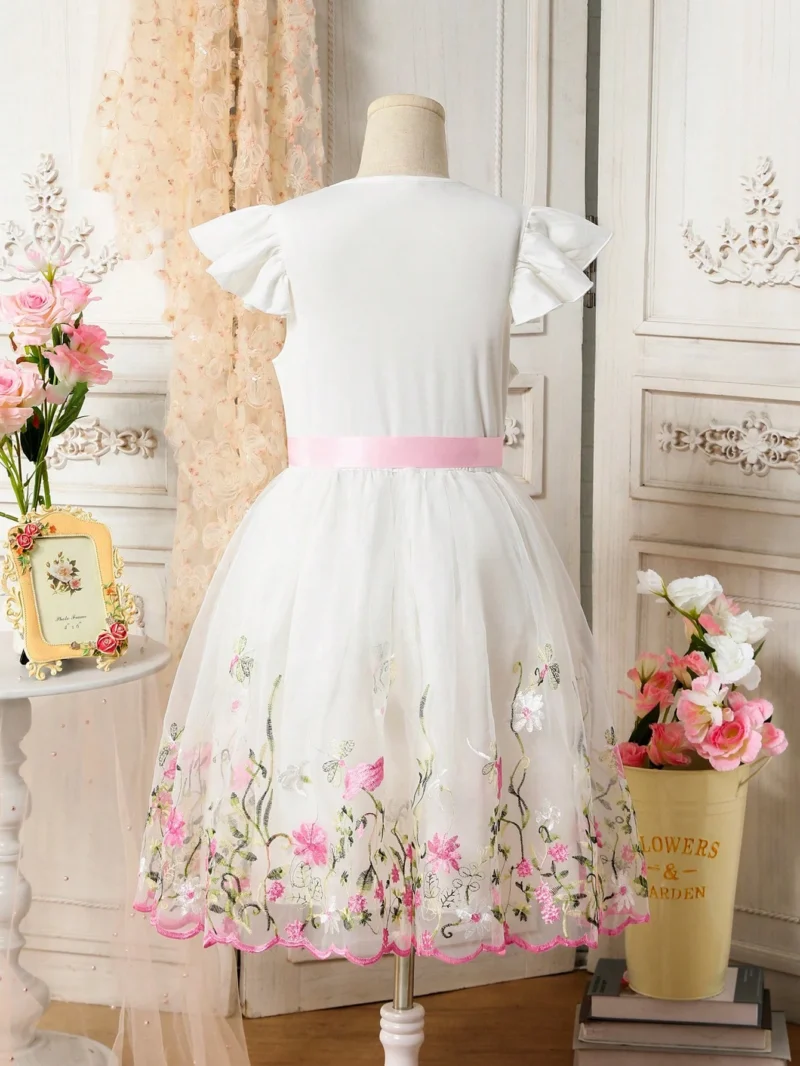 Vestido Blanco Bordado Con Lazo Rosa Para Niña - Imagen 2