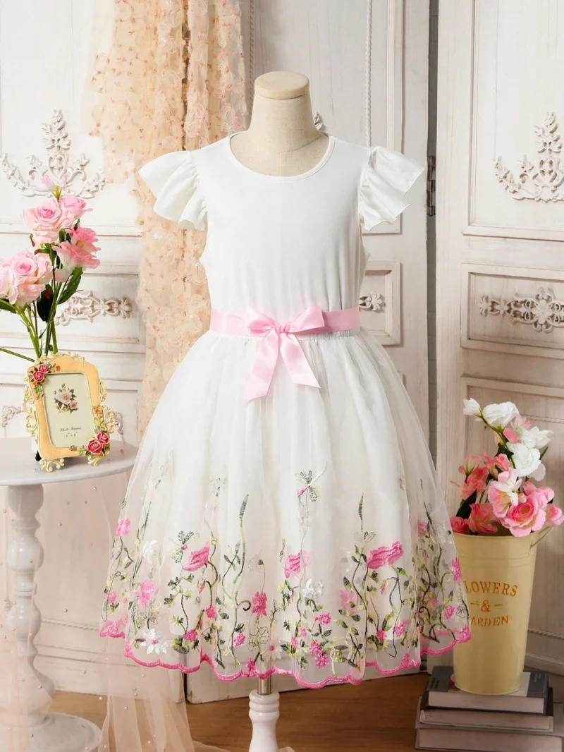 Vestido Blanco Bordado Con Lazo Rosa Para Niña
