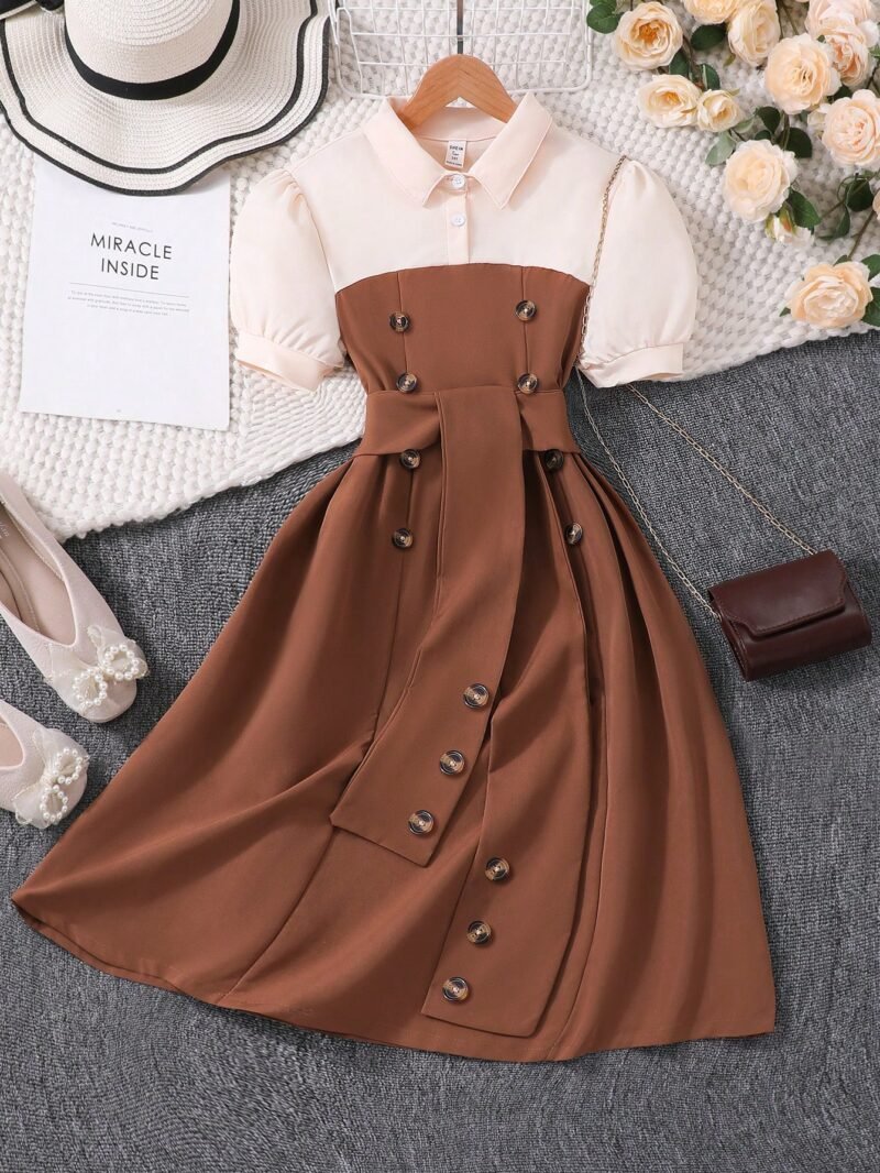 Vestido Marrón Con Cuello Camisero Y Botones Para Niña