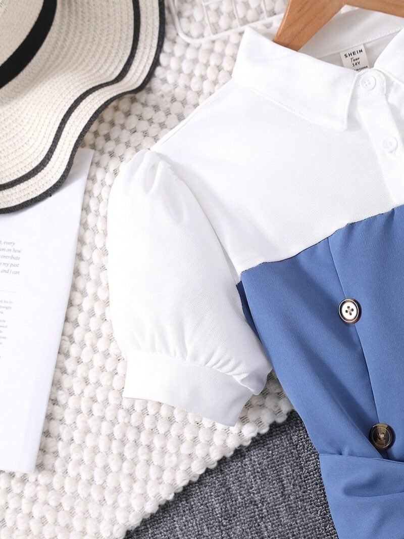 Vestido Azul Con Cuello Camisero Y Botones Para Niña - Imagen 4