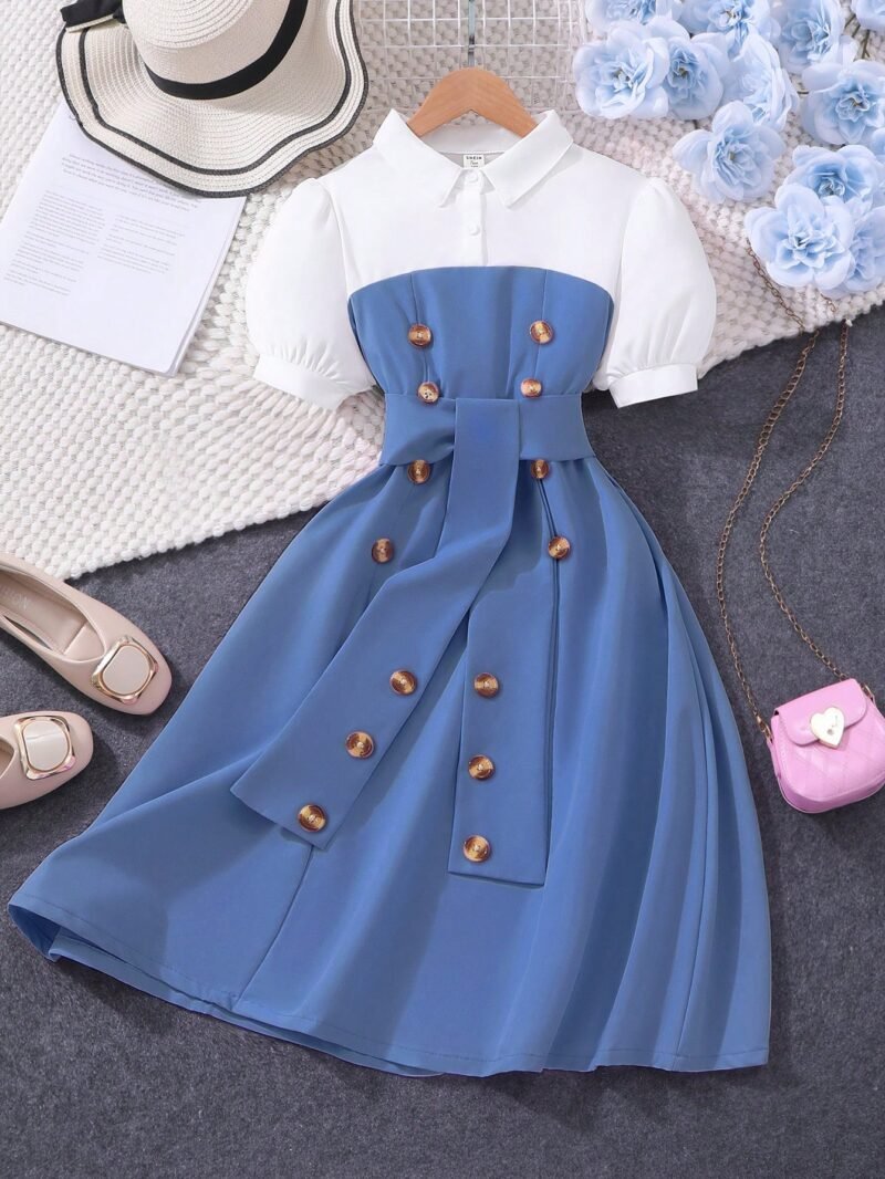 Vestido Azul Con Cuello Camisero Y Botones Para Niña