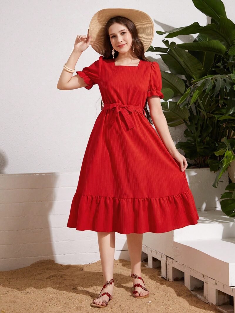 Vestido Rojo Con Lazo Y Volantes Para Niña - Imagen 3