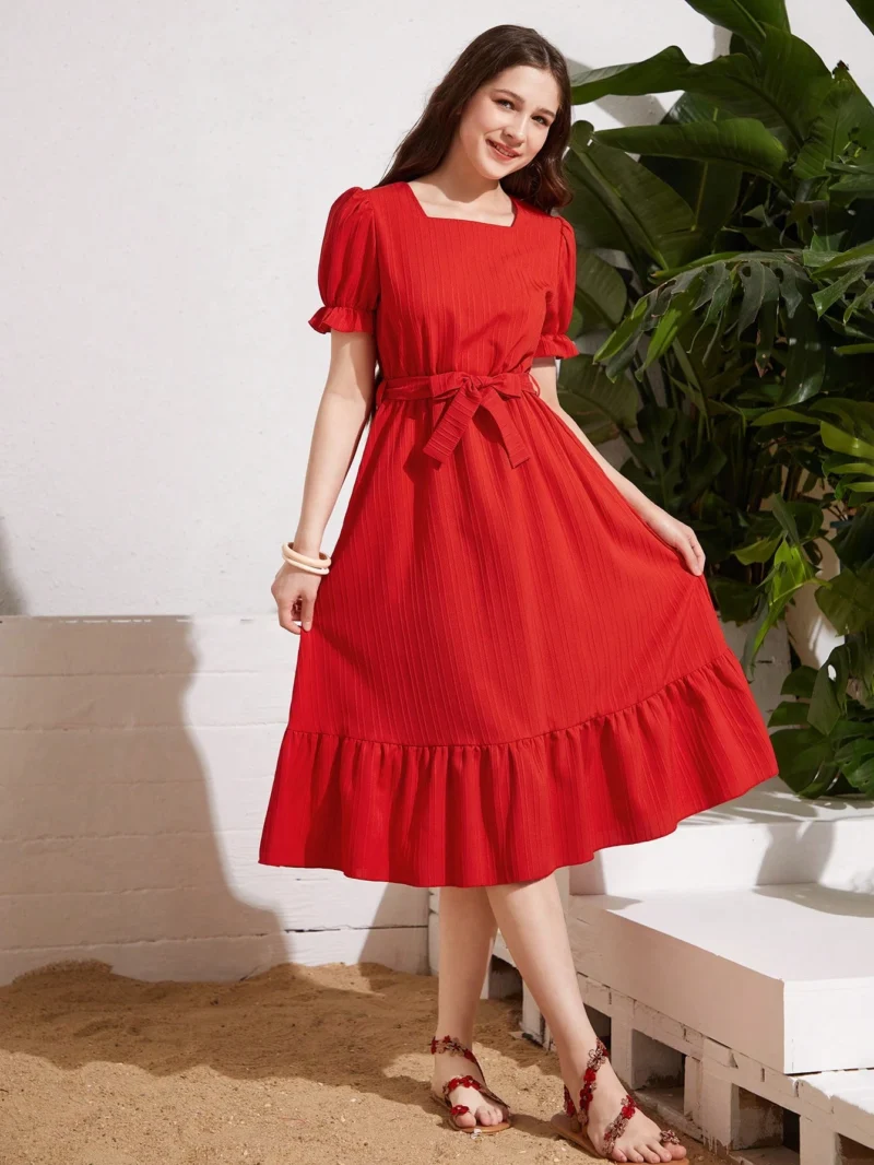 Vestido Rojo Con Lazo Y Volantes Para Niña - Imagen 4